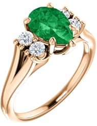 14K Rose Gold 9.00x6.00mm Pear Cut Chatham Created Emerald and Diamond Ring -- LIFETIME WARRANTY