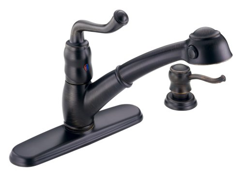 Delta 473-RBSD Saxony Single-Handle Kitchen Pullout Faucet with Soap Dispenser, Rubbed Bronze