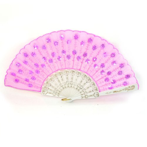 uxcell Floral Cloth Paillette Sequins Embroidered Hand Fan Purple Pink