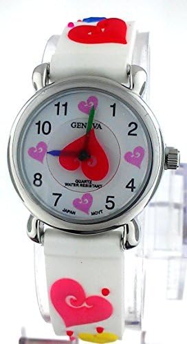 Geneva 3D Colorful Hearts White Rubber Band Kids Watch #CH-140
