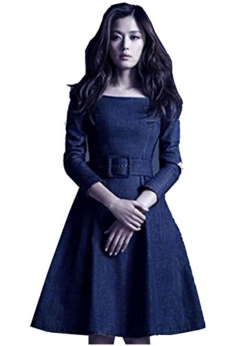 デニム ワンピース レディース 七分袖 ベルト付き ブルー