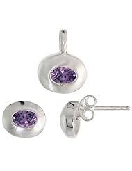 Sterling Silver Matte-finish Oval-shaped Earrings (7mm tall) & Pendant (13mm tall) Set, w/ Oval Cut Amethyst-colored CZ Stones