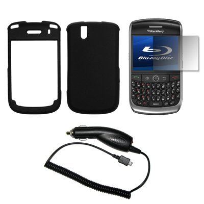 Black Rubberized Snap-On Cover Hard Case Cell Phone Protector + LCD Screen Protector + Rapid Car Charger for Blackberry Tour 9630 [Accessory Export Brand]
