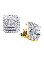 1.04 cttw 14k Yellow Gold Diamond Round and Princess Cut Invisible Set Earrings Unisex (Real Diamonds: 1.04 cttw)
