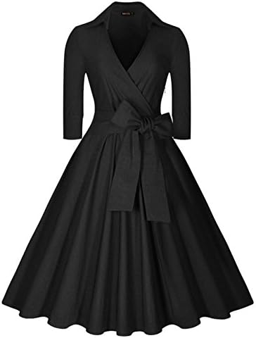 Womens Hepburn's 50S style Retro V Neck 3/4 Sleeve Floral Belt Slim Long Dress