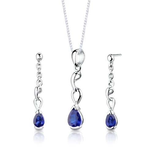Sterling Silver Pear Shape Sapphire Pendant Earrings and 18 inch Necklace Set