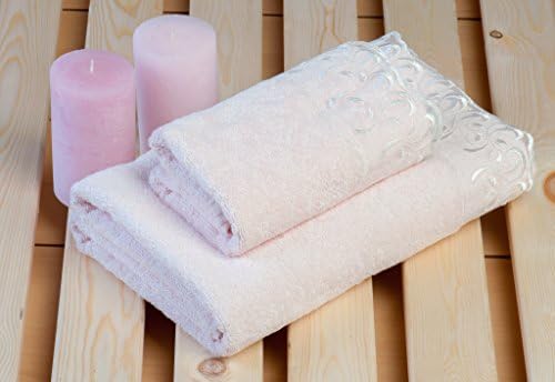 Orion Luxury Home Design 2-Pieces Bath &amp; Hand towel set with handmade various laces, 100% Genuine Turkish Cotton, Tea Rose.