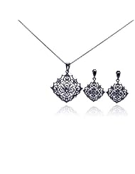 Nickel Free Sterling Silver Pendant & Earring Sets Diamond Shape Flower Black Rhodium Set Pendant Dimensions: L36mm X W28mm Weight: 5.18Grams Earrings Dimensions: L28mm X W19mm Weight: 5Grams