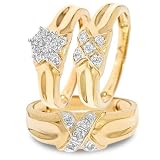 1/6 Carat T.W. Round Cut Diamond Trio Matching Wedding Ring Set 14K Yellow Gold Three Ring - Ladies Engagement Ring, Wedding Band & Mens Wedding Band - Free Gift Box -