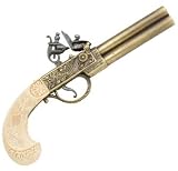Early 18th Century Double Barrel Flintlock Pistol with Antiqued Brass/Gold Tone Finish - Detailed Replica of Gun Used by Pirates, Military, and Civilians with Faux Ivory Grips