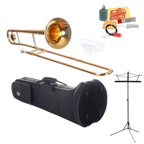 Barcelona CS-1000 Concert Series Tenor Slide Trombone Bundle with Music Stand, Care Kit, Polishing Cloth, Hard Shell Case, and White Gloves - Gold Lacquer