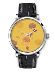 SPRAWL Aanalog Fashion Series Silver Ladies Watches of Genuine Black Leather Strap,Unique Wrist Watch for Women Girls Designed with Chrysanthemum flowers on yellow background