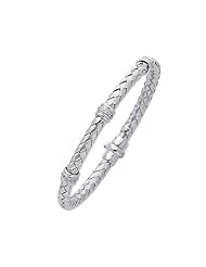 14K White Gold 7.25" 5.0mm Round Tube Basket Weaved Diamond Accent With 0.24Ct Diamond Fancy Bangle With Fancy Clasp