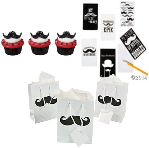 Mustache Birthday Party Supplies - 12 Mustache Cupcake Rings, 12 Mustache Notebooks and 12 Mustache Small Gift Bags (5 X 4 inches)