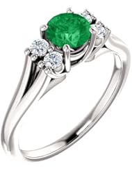 10K White Gold 5.00mm Round Cut Emerald and Diamond Ring -- LIFETIME WARRANTY