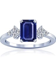 18K White Gold Emerald Cut Blue Sapphire Ring With Sidestones