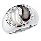 Solid Sterling Silver Cubic Zirconia Rhodium Plated Rings with Black and White Mother of Pearl