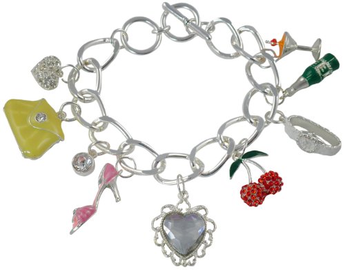 Designer Inspired Fashion Handbag, High Heel Shoe, Cherry, Heart Charms in Silver Toggle Bracelet