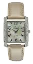 Peugeot Womens Tan Metallic Genuine Leather Strap Watch with a Rectangular Swarovski Crystal Encrusted Bezel and a Mother of Pearl Dial