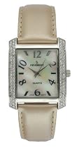 Peugeot Womens Tan Metallic Genuine Leather Strap Watch with a Rectangular Swarovski Crystal Encrusted Bezel and a Mother of Pearl Dial