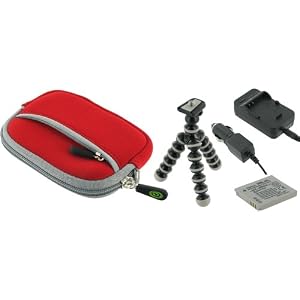 4n1 - Neoprene (Red) Sleeve Case / LI-50B AC DC Charger / Battery / Tripod for Olympus Stylus 6000 Digital Camera White