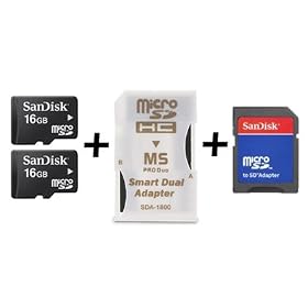 32GB 32G 16GB x2 SanDisk MicroSD MicroSDHC Card with Memory Stick Pro Duo Adapter - Bulk