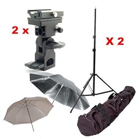 CowboyStudio Double Flash Shoe Swivel Bracket Kit with 2 Mounting Brackets, 2 Umbrellas, 2 Stand Stands, and Carry Case