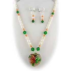 Murano Glass Orange Green Butterfly Heart Pendant Freshwater Pearl Earrings Necklace Sterling...
