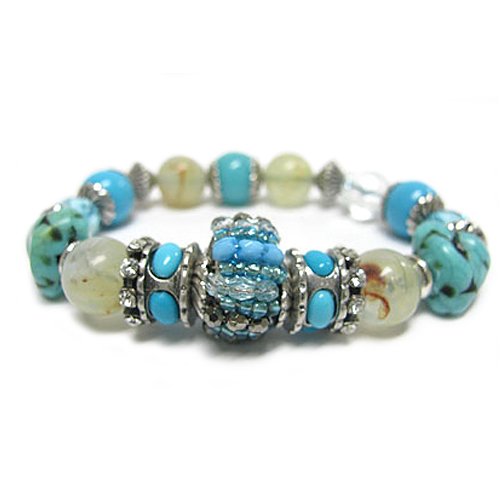 Turquoise Crystal Accent Natural Stone and Mixed Beads Stretch Bracelet Fashion Jewelry