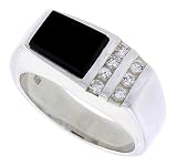 Sterling Silver Gents' Trapezoid Black Onyx Ring, w/ 3 Light Grooves At one Side & 1 CZ Stone, 3/8 (10mm) wide, size 15