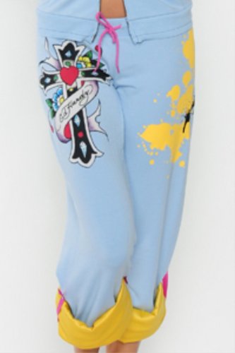 Ed Hardy Light Blue Missy Cross Stretch French Terry Roll Up Sweat Pant