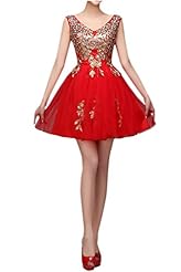 V-neck Above the Knee Short Tulle Applique Lace-Up Homecoming Dress/Prom Dress/Party Dress/Mini Dress 