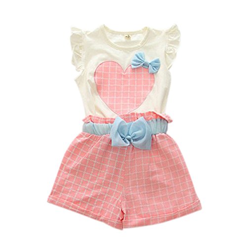 PanDaDa Girls Clothing Sets Ruffled Sleeveless Tops T Shirt Plaid Shorts Vest