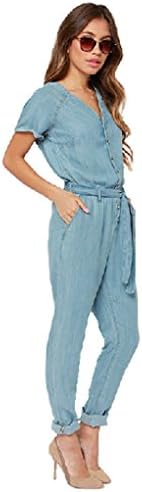 Women's Chambray Denim Jumpsuit V-neck Casual Siamese Trousers