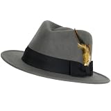 100% Wool Felt Fedora Feather Godfather Hat Gray Medium