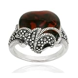Sterling Silver Marcasite and Garnet Colored Glass Heart Ring, Size 8