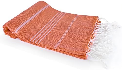 Authentic Turkish Peshtemal 100% Cotton; Fouta Towel that is Absorbent, Quick Drying, Ultra Soft, and is a Multi use Blanket Striped Design (Orange)