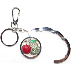 Epoxy Circle Cherry with Crystal Swirl Folding Purse Hook Handbag Hanger with Keychain