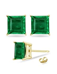 1.05 Cts of 4.8 mm AA Square Step Cut Natural Emerald Stud Earrings in 14K Yellow Gold