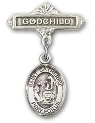 Sterling Silver Baby Badge with St. Catherine of Siena Charm and Godchild Badge Pin