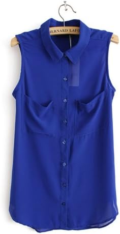 Lychey Summer New Arrival Double Pocket Lapel Shirts Sleeveless Chiffon Shirt (Large, Royal Blue)