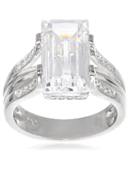 Sterling Silver Simulated Diamond Emerald Shape Center and Round Side Stones Ring, Size 7