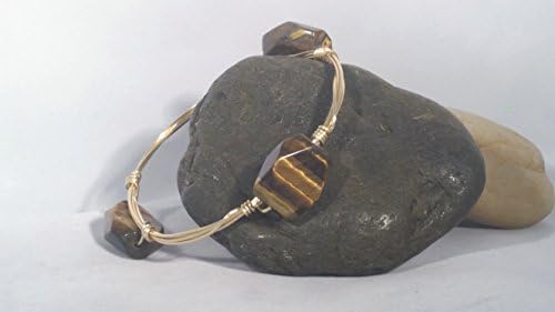 Trending on Handmade at Amazon -Tigers Eye Stone Nugget Wire Wrap Stack Bracelet // Tigers Eye Bangle Bracelet - Gift for Her - Unique One of a Kind - Gold