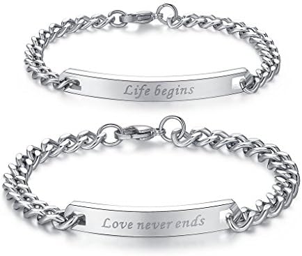 AmorFeel "Life Begin,Love never ends" Stainless Steel His and Hers ID Bracelet(2pcs)