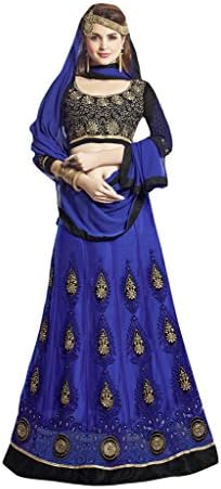 Suchi Women's Royal Blue Embroidery Net Semi Stitched Anarkali Suit/ Lehenga
