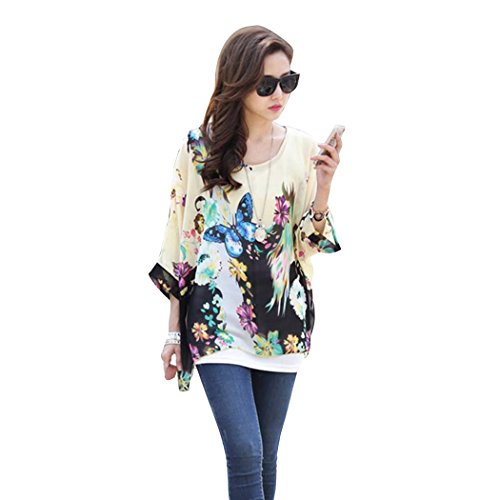 FINEJO Women's Batwing Sleeve Chiffon Shirt Bohemian Tops Blouse Plus Size