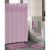 PINK FLORAL RIBBON 18-Piece Bathroom Set: 2-Rugs/Mats, 1-Fabric Shower Curtain, 12-Fabric Covered Rings, 3-Pc. Decorative Towel Set