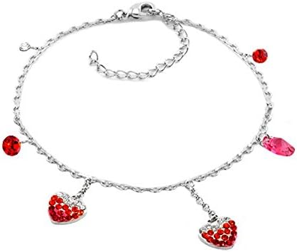 PugsterJewelry Red Birthstone Crystal Heart Love Dangle Ankle Adjustable Anklet Lobster Clasp