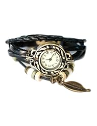 Black Leather Antique Gold Bronze feather with Wood Beads Bohemian Bracelet wrist watch 7" to 8 1/4"