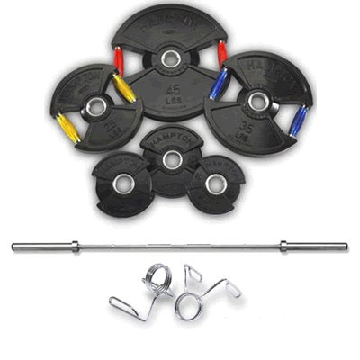 Fusion 255 Pound Olympic Weight Plates with Colored Handles Plus 42 Pound Bar & Collars
